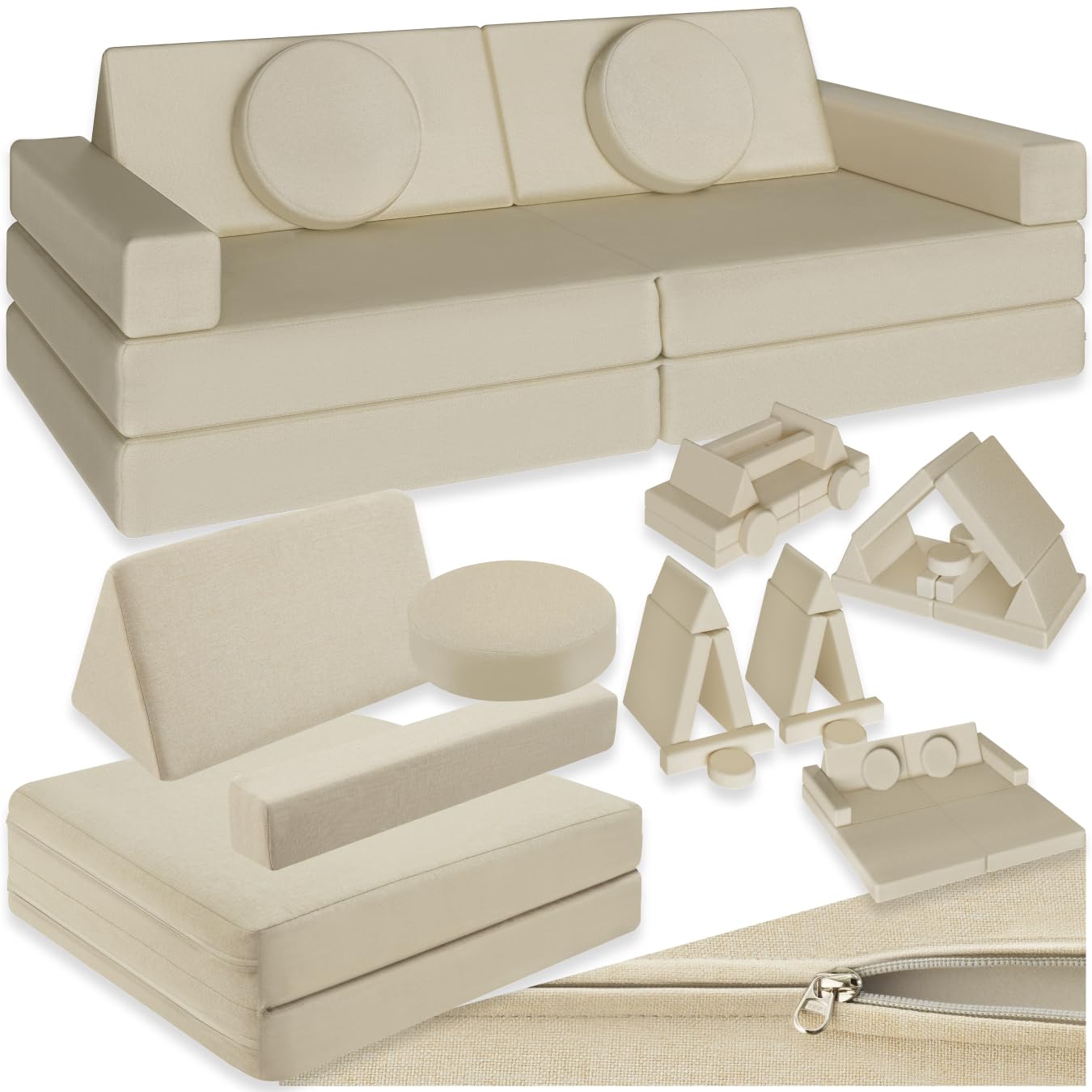 tectake® Spielsofa, Kindersofa klappbar, modulares Sofa mit Spiel- und Schlaffunktion, Möbel für Kinderzimmer, Indoor Spielplatz, Couch oder Sitzkissen, Schaumstoff Stapelsteine - 120 cm, beige