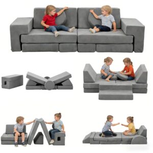 LALAHO Kindersofa Spielsofa für Kinder aus Kordsamt Cord，Klappbar Schaumstoff Bausteine kindercouch & Kindersessel，Vielseitige über Frei Baubare DIY，für Kinder für Spielzimmer，Schlafzimmer Möbel（Grau）