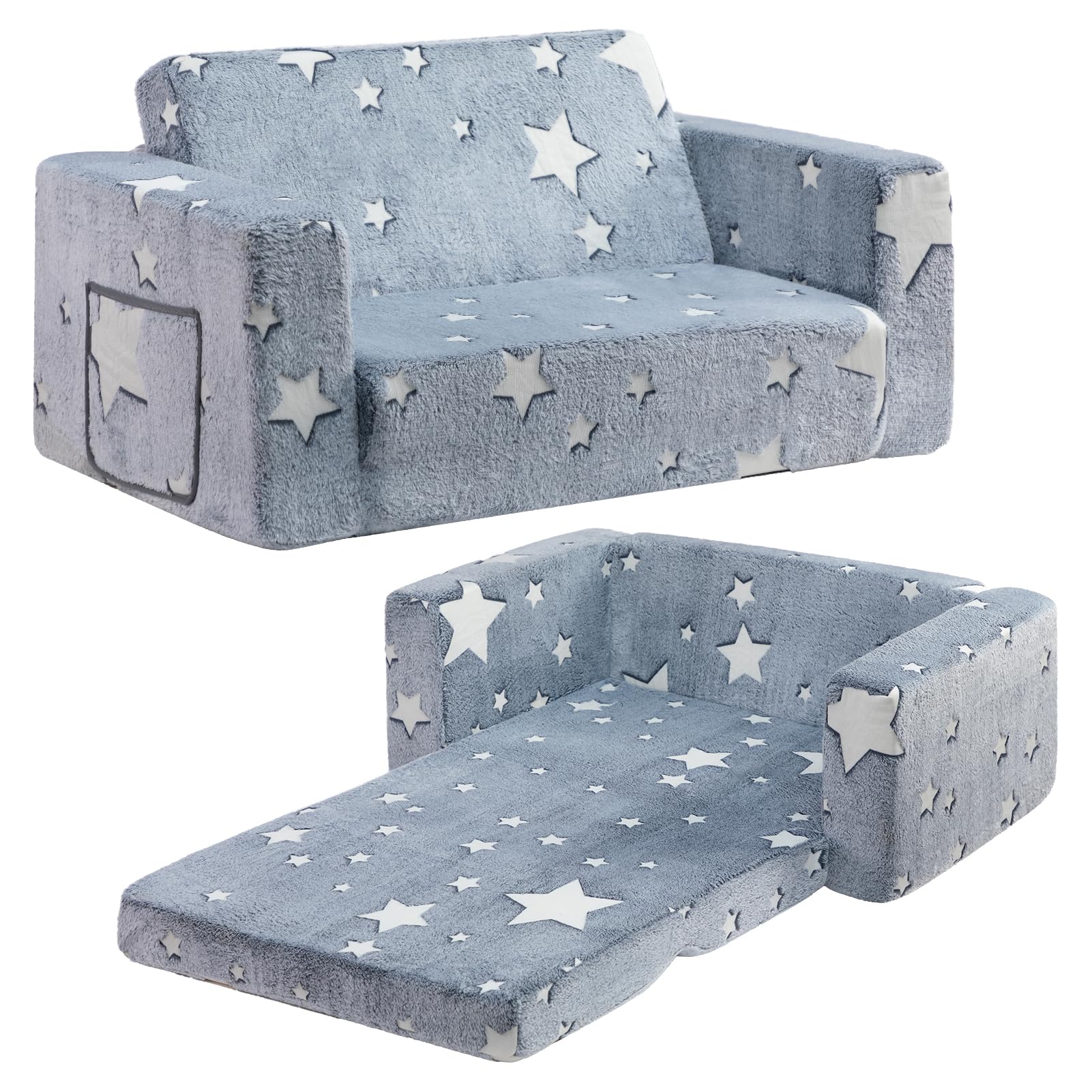 BEJOY BEJOYKindersofa, extra breite 2-in-1-Kleinkind-Sherpa-Couch zum Ausklappen, umwandelbar in EIN Krabbelbett oder eine Liege für Mädchen und Jungen, leuchtender Stern