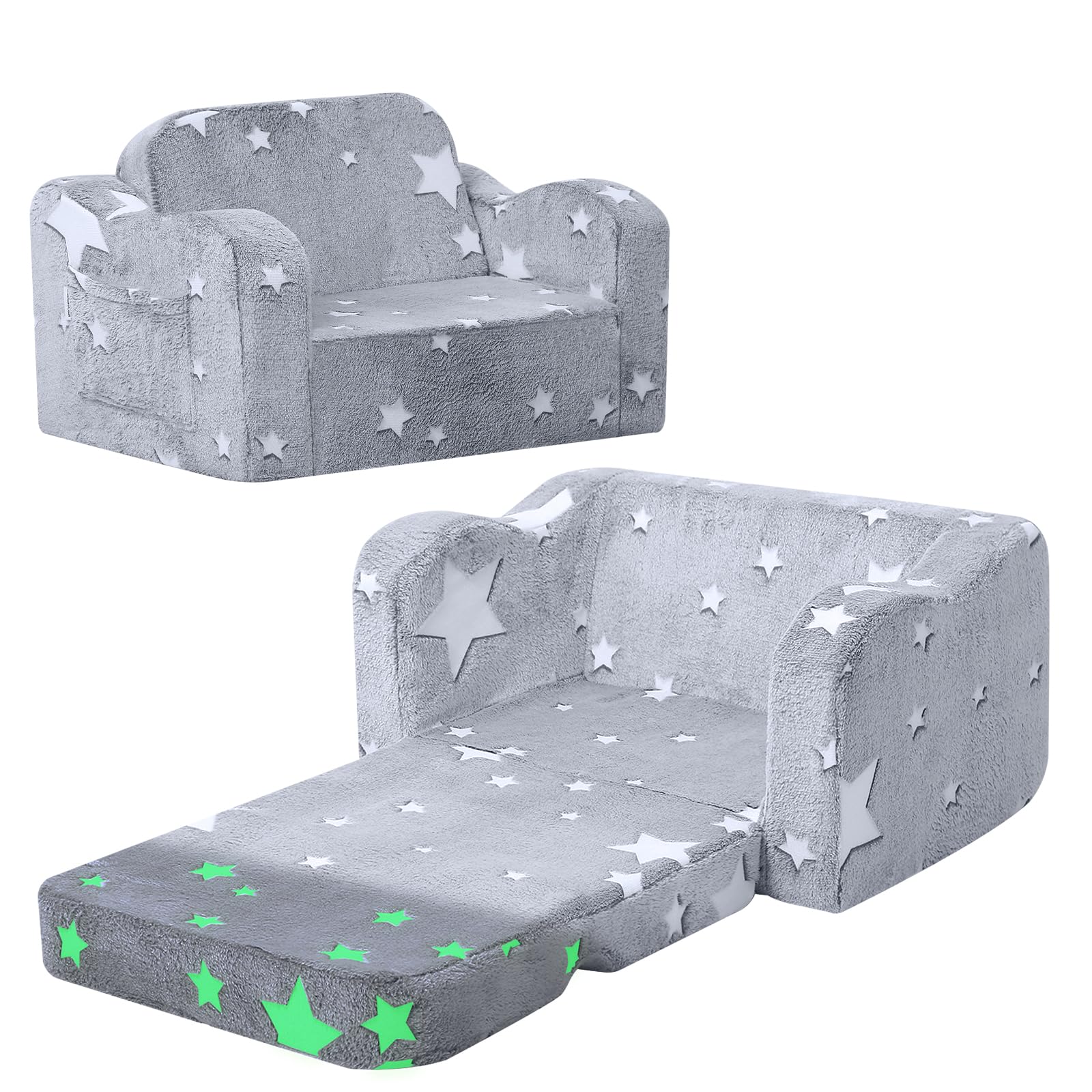MeMoreCool Kindersofa Ausklappbar, 2-in-1 Kleinkinder Schlafsofa, Kindersessel mit Schlaffunktion, Mini Couch für Kuschelecke Kinderzimmer, Fancy Spielsofa für Mädchen und Jungen, Grau Stern