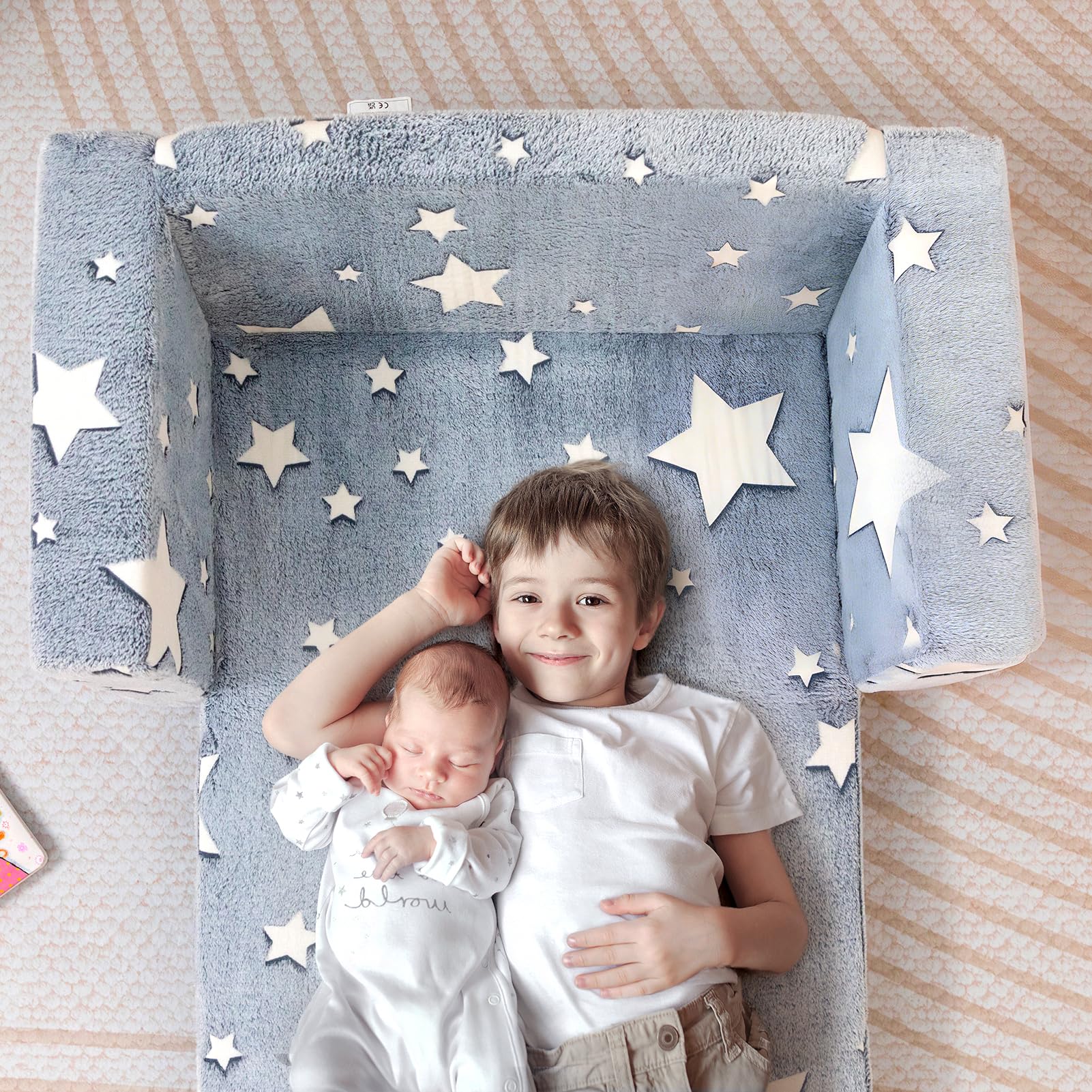 BEJOY BEJOYKindersofa, extra breite 2-in-1-Kleinkind-Sherpa-Couch zum Ausklappen, umwandelbar in EIN Krabbelbett oder eine Liege für Mädchen und Jungen, leuchtender Stern - Image 2
