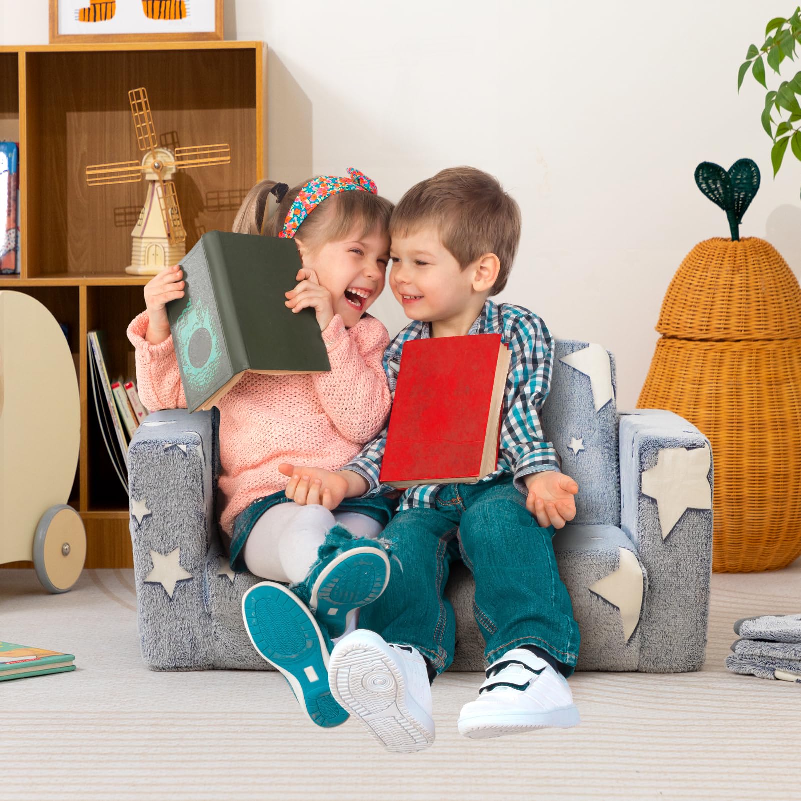 BEJOY BEJOYKindersofa, extra breite 2-in-1-Kleinkind-Sherpa-Couch zum Ausklappen, umwandelbar in EIN Krabbelbett oder eine Liege für Mädchen und Jungen, leuchtender Stern - Image 4