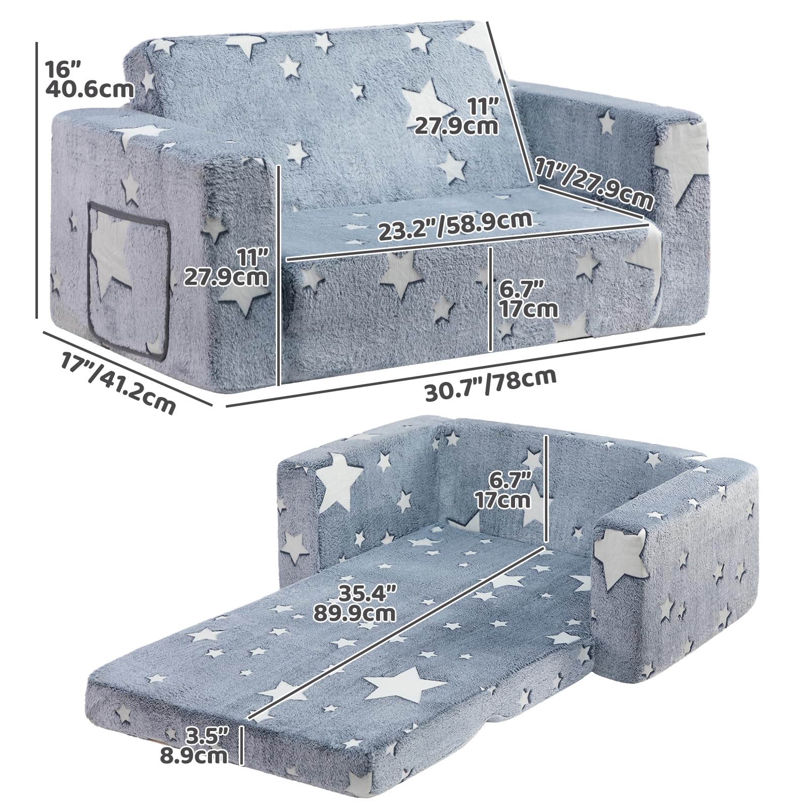 BEJOY BEJOYKindersofa, extra breite 2-in-1-Kleinkind-Sherpa-Couch zum Ausklappen, umwandelbar in EIN Krabbelbett oder eine Liege für Mädchen und Jungen, leuchtender Stern - Image 3