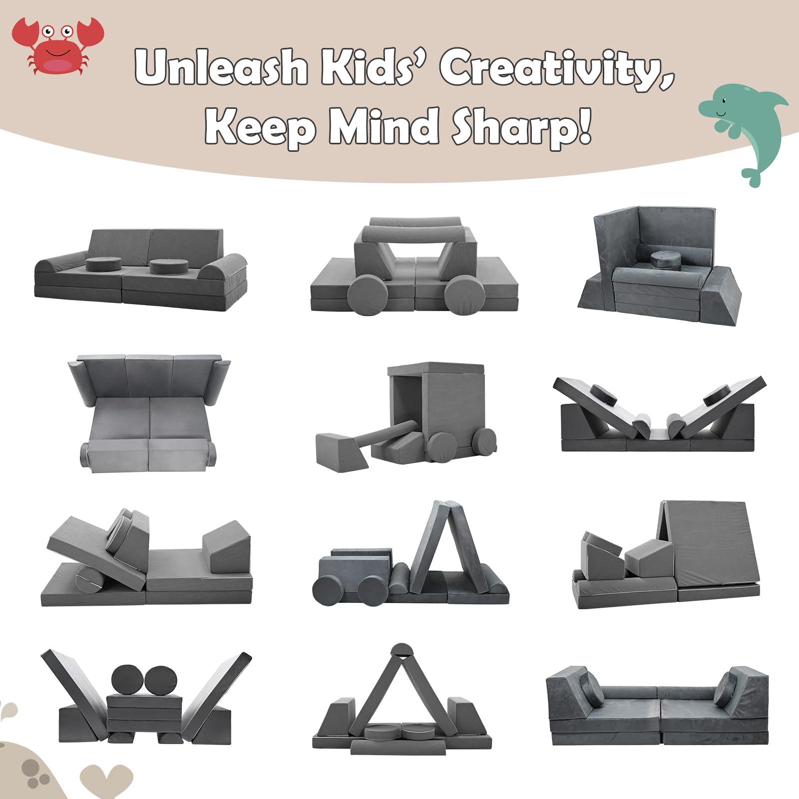 Meulbaty Spielsofa für Kinder,Kindersofa aus 10 Schaumstoff Bausteine, Flexibel Kombinierbare Kinder Couch Modulares Spielsofa zum Spielen, Kreativsein, Schlafen(120CM) - Image 3