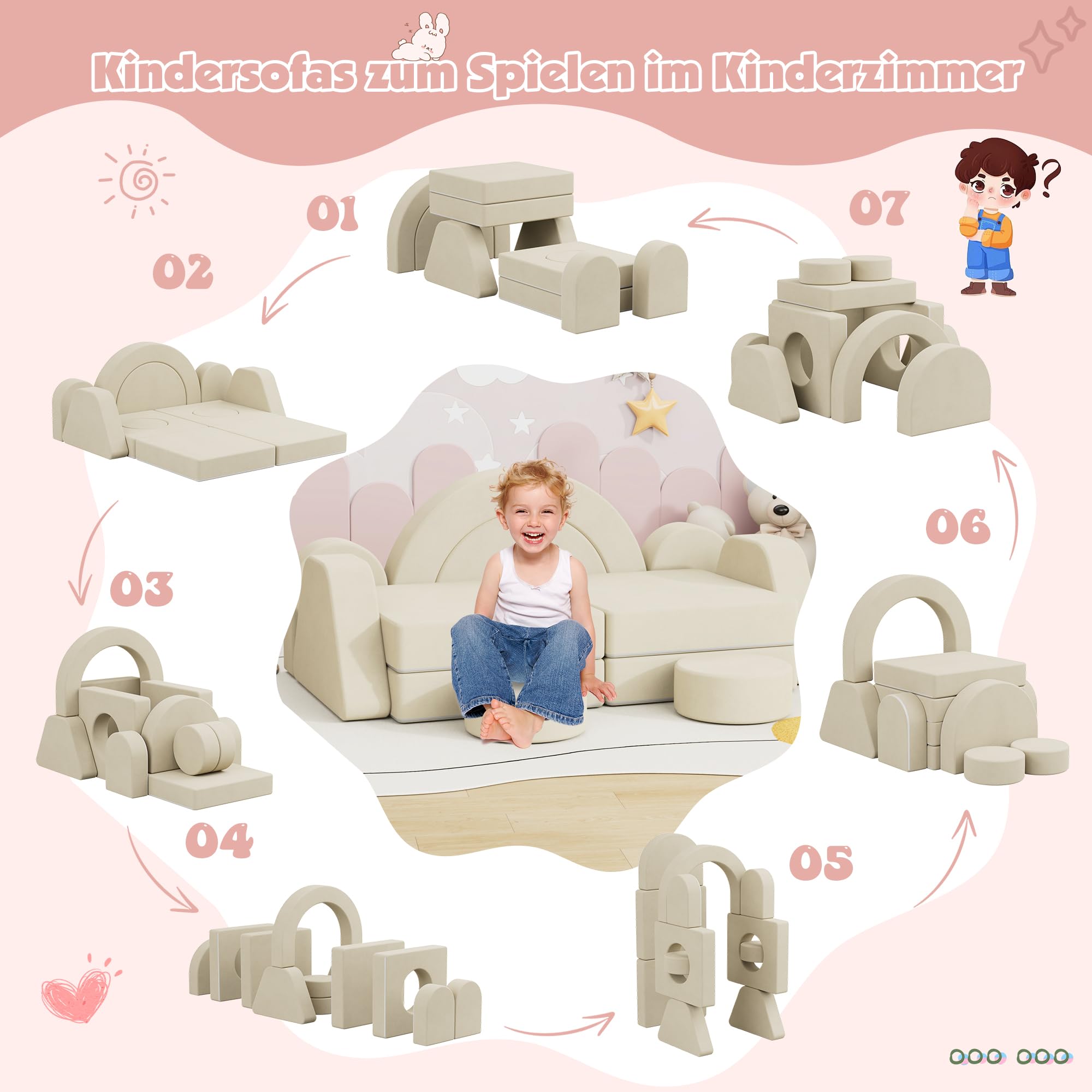 NACHES Spielsofa für Kinder, Modulares Kindersofa aus Schaumstoff, Kord, Kindercouch waschbar, Schlafsofa für Kinderzimmer (Beige, 2-Sitzer) - Image 2
