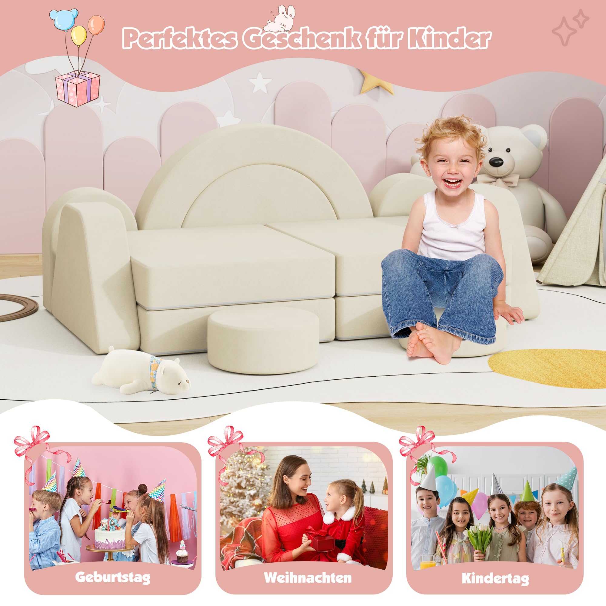 NACHES Spielsofa für Kinder, Modulares Kindersofa aus Schaumstoff, Kord, Kindercouch waschbar, Schlafsofa für Kinderzimmer (Beige, 2-Sitzer) - Image 3