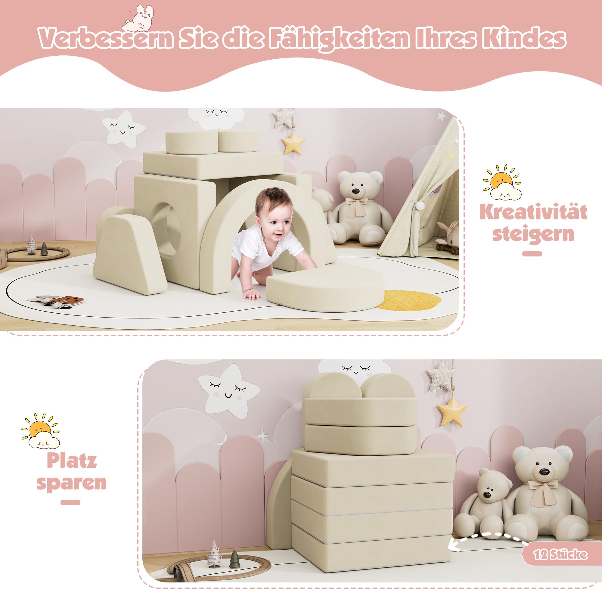 NACHES Spielsofa für Kinder, Modulares Kindersofa aus Schaumstoff, Kord, Kindercouch waschbar, Schlafsofa für Kinderzimmer (Beige, 2-Sitzer) - Image 4