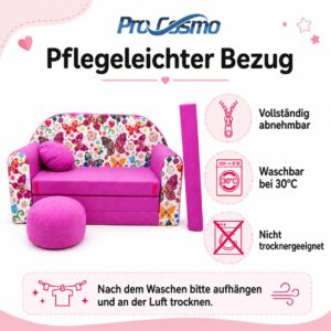 Pro Cosmo Kinder 3in1 Sofa Bett mit Hocker, 2-Sitzer Kindersofa Ausklappbar, Spielsofa mit Matratze, Waschbarer Bezug, Oeko-TEX, M33 Schmetterling - Image 4