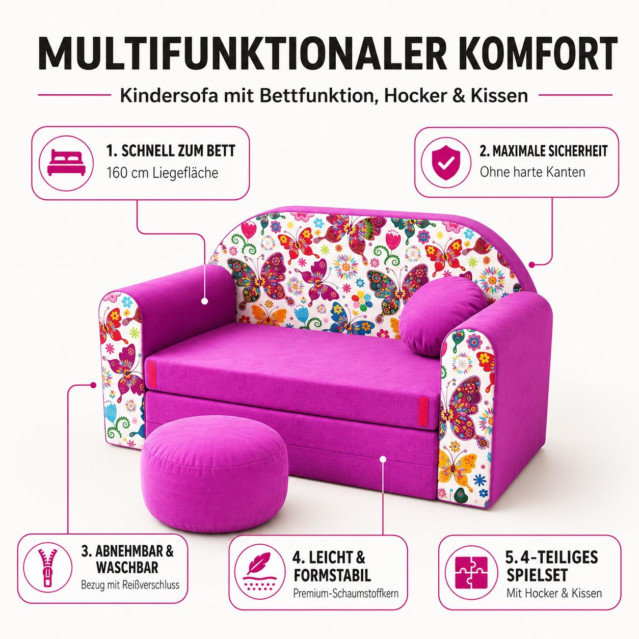 TUPPI Kindersofa mit Schlaffunktion 168x98 cm - Kindersofa Ausklappbar - Kinder Sofa für Kinderzimmer - Samtweicher Velours - 4-teilig inkl. Kissen & Puff - Image 2