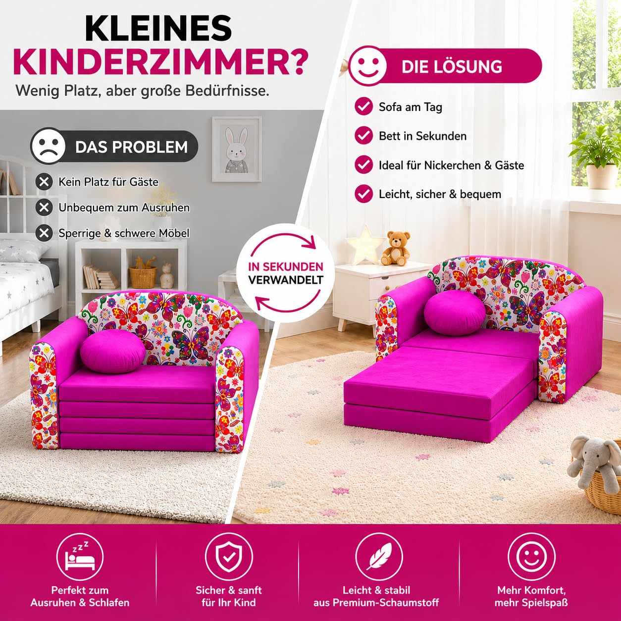 TUPPI Kindersofa mit Schlaffunktion 168x98 cm - Kindersofa Ausklappbar - Kinder Sofa für Kinderzimmer - Samtweicher Velours - 4-teilig inkl. Kissen & Puff - Image 3